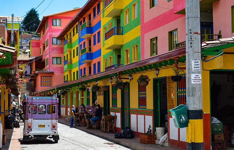 street view from Cartagena, Colombia with colorful buildings